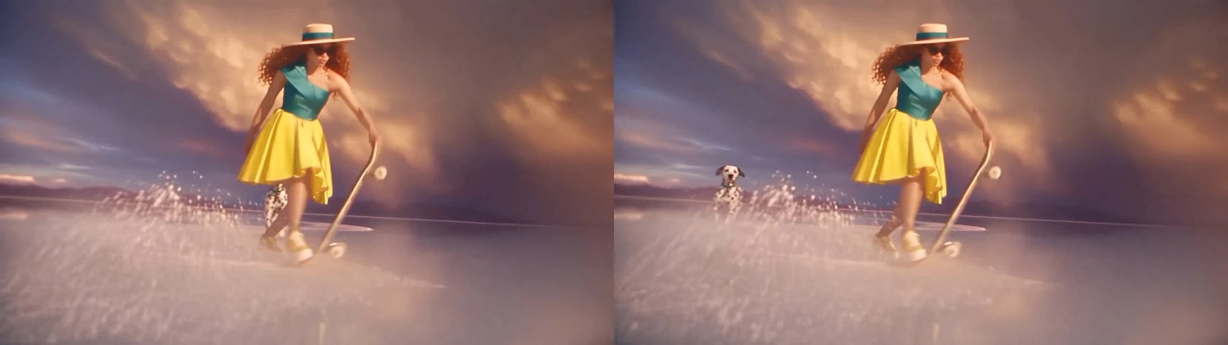 The same moment: the dog crossing behind her, and the dog on the left of the frame