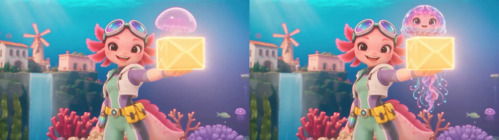 The same close-up: a jellyfish from text only, and Nami from her character sheet