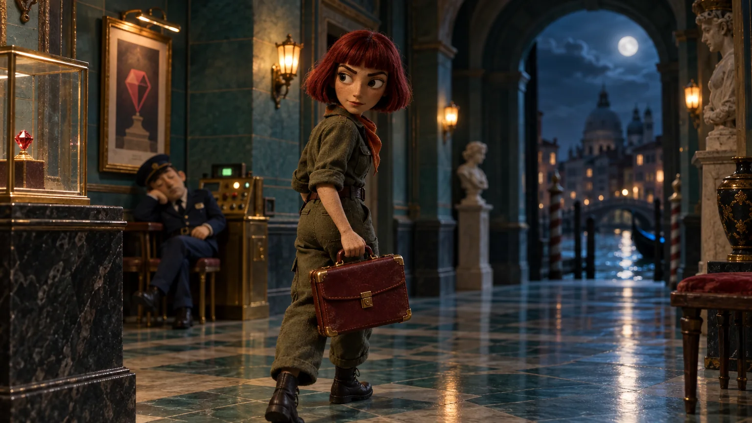 A miniature courier with a briefcase pauses in a moonlit museum corridor.