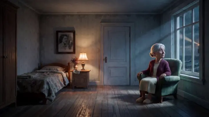 First frame: the bedroom with the door closed
