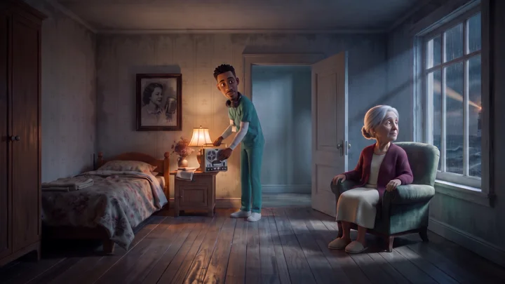 Last frame: the door open and Bruno at the bedside table