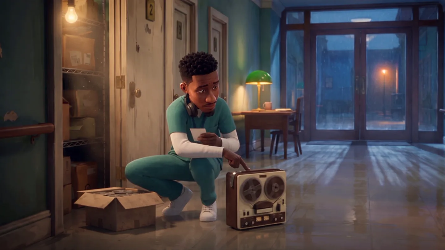 Bruno crouches in the corridor and presses the play key of the reel-to-reel recorder