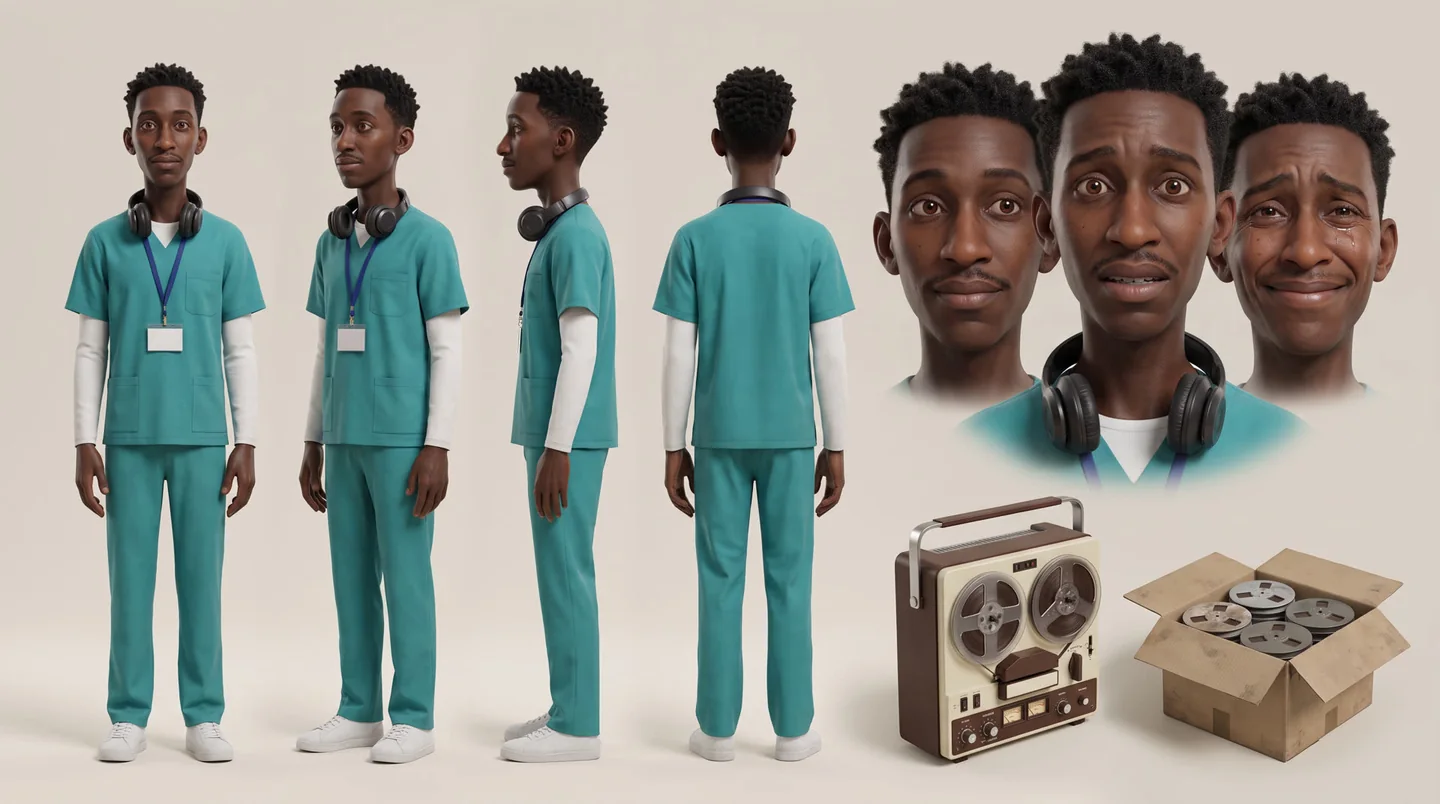 Approved character sheet of Bruno in a realistic, textured style, with the tape recorder and box of reels