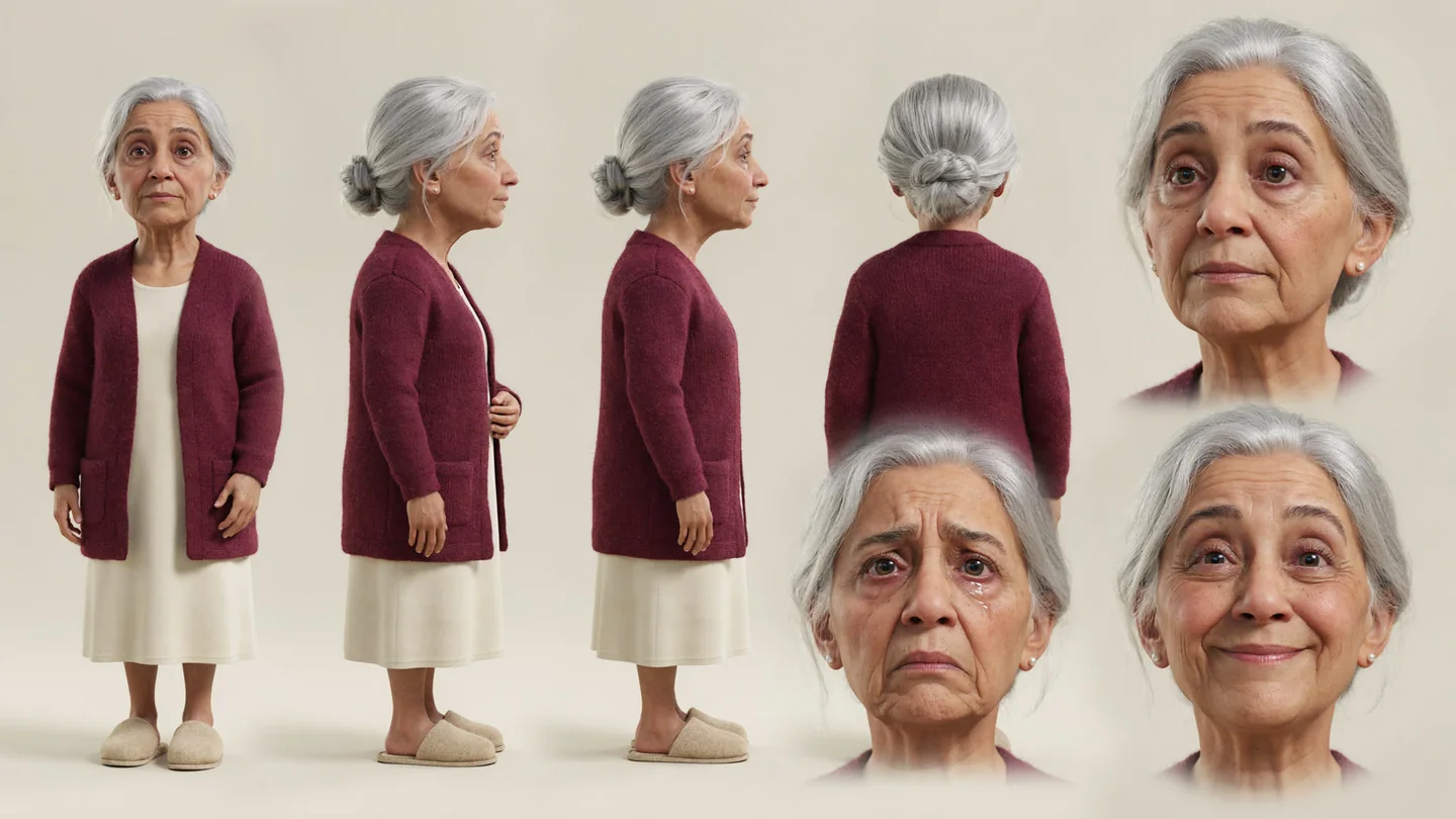 Character sheet of Dottie: turnaround and four expressions