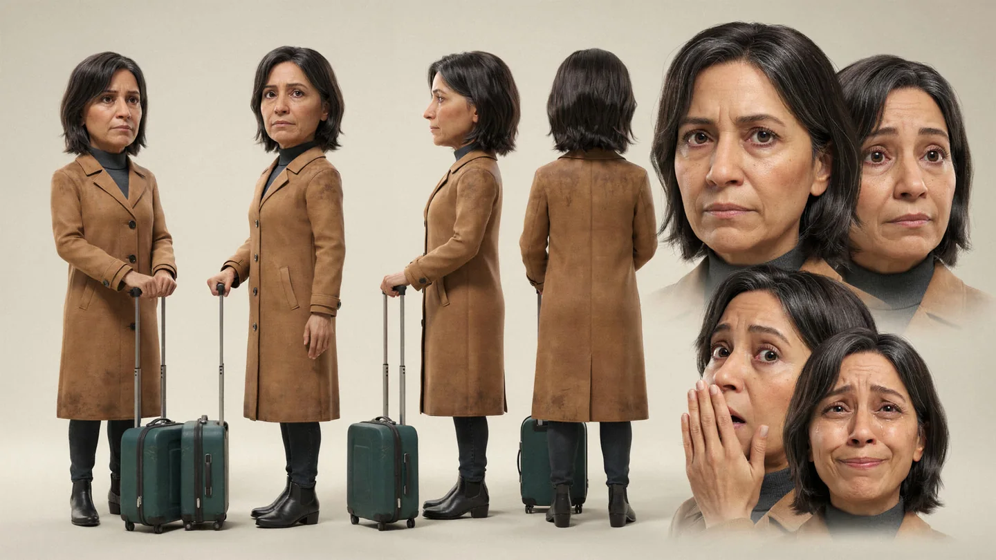 Character sheet of Helena in a camel trench coat with a green suitcase