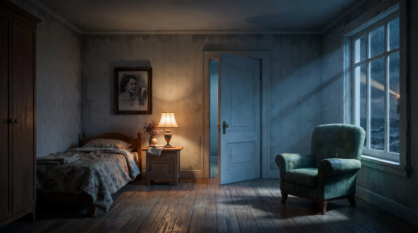The bedroom relit: darker, with a warm lamp and cold moonlight through the rain