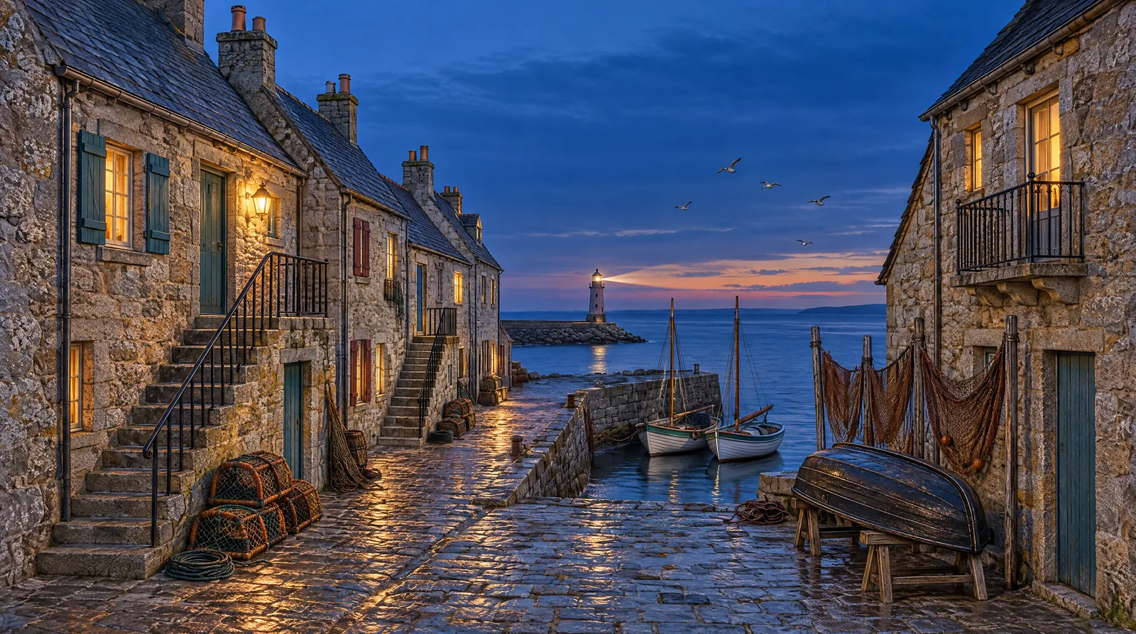 The harbor render: a stone fishermen’s street at blue hour running down to a quay, two moored white boats and a lit lighthouse