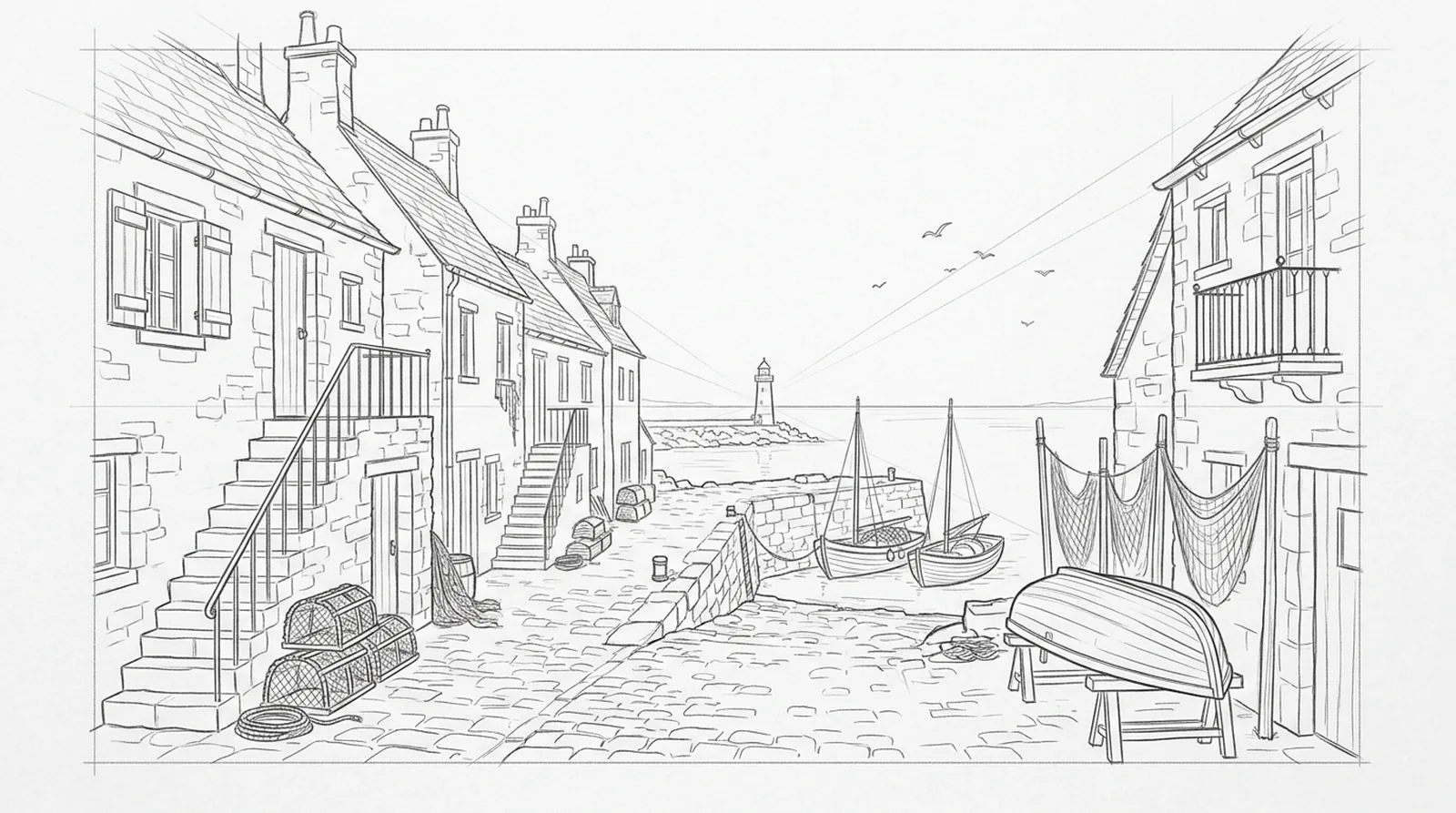 The harbor pencil sketch: the same street in graphite lines on white paper