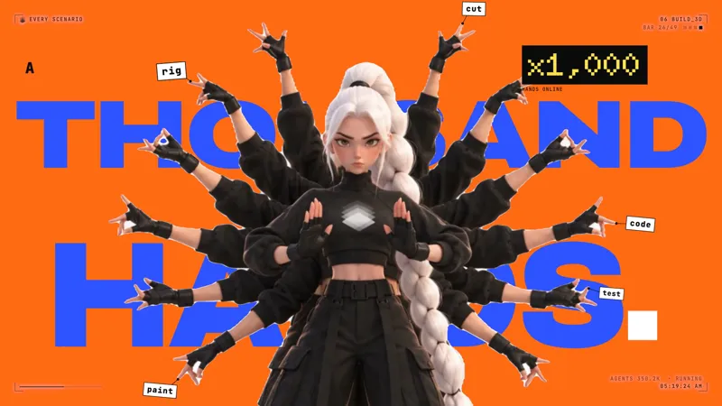 The same frame in the video: an orange field, THOUSAND HANDS in blue type passing behind her arms, small labels pinned to her hands and a ×1,000 tag.