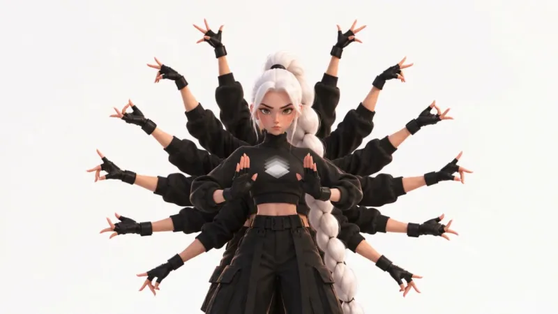 The Seedance clip of the thousand-hands dance on a white set, as generated.