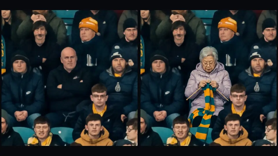 A seat in the crowd before and after a fan was planted in it