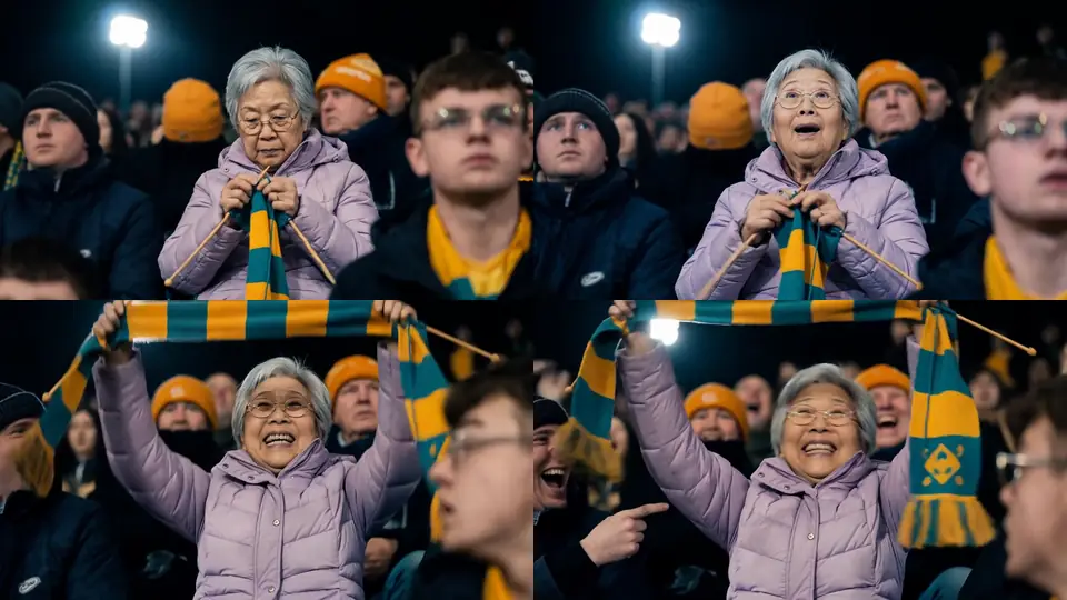 Four frames of the knitter noticing herself and lifting her scarf