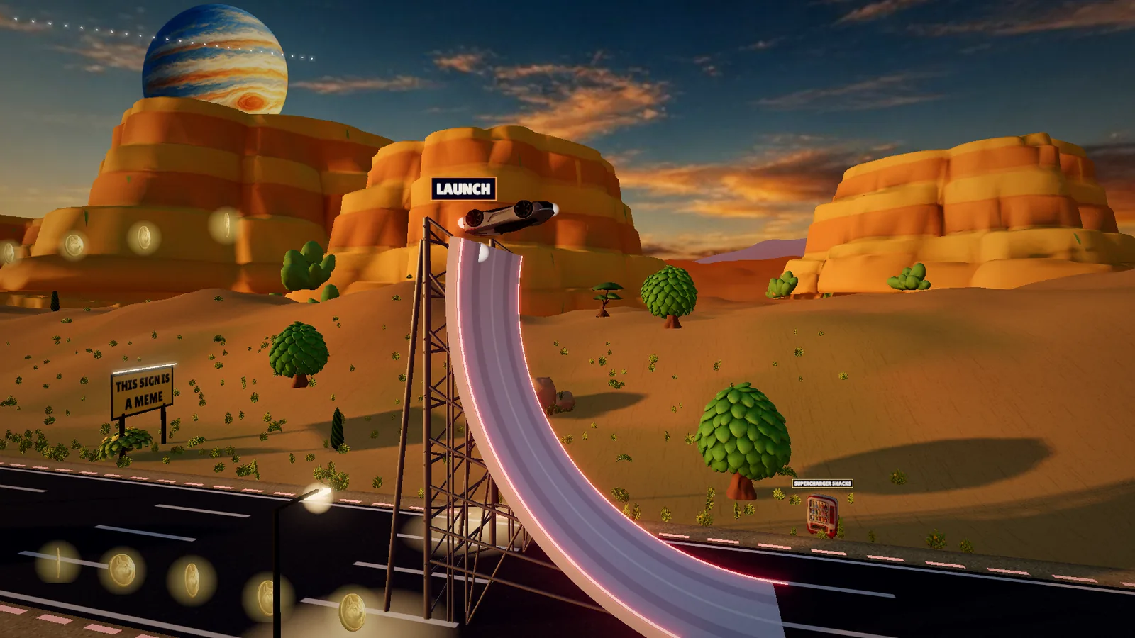 The roadster backflips off the top of the curled ramp, a ringed planet in the evening sky