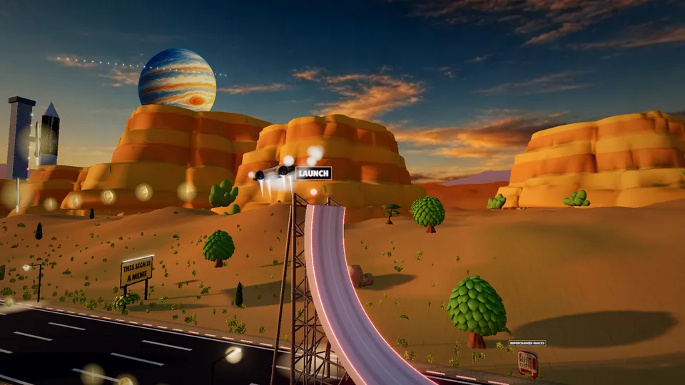 The car hovering on four thrusters over a line of coins