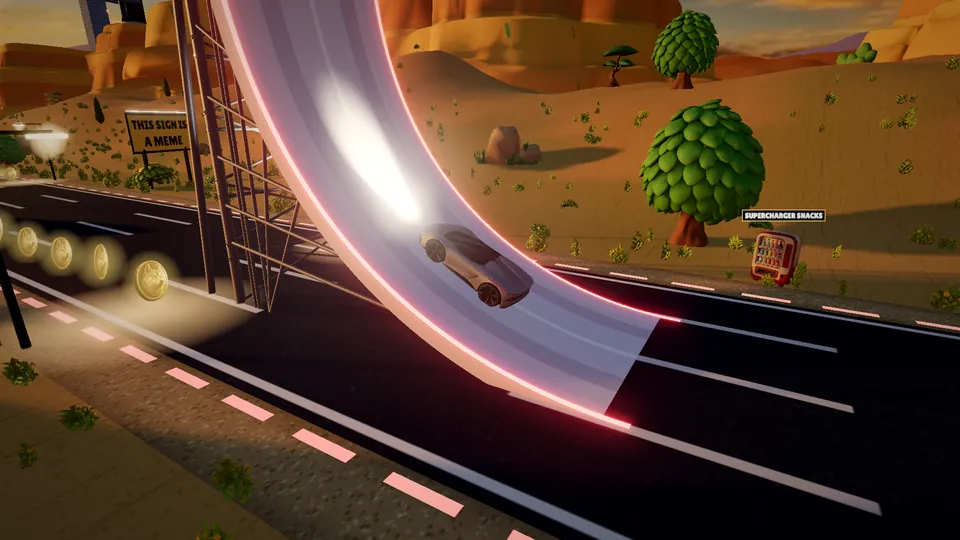The roadster climbing the curled ramp