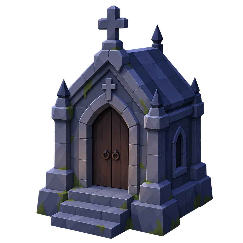 Crypt concept: a small stone mausoleum with a cross on the roof and a wooden door
