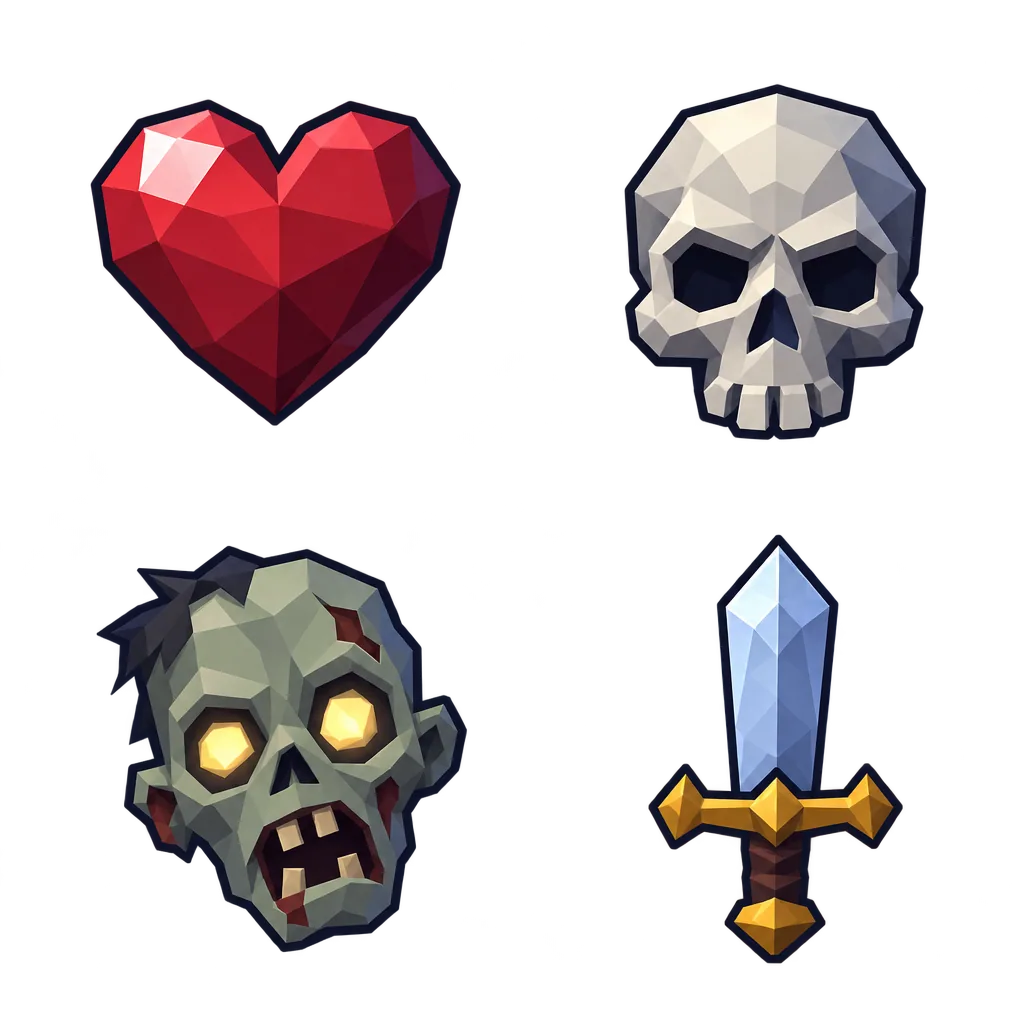 Four HUD icons: a red heart, a skull, a zombie head and a sword