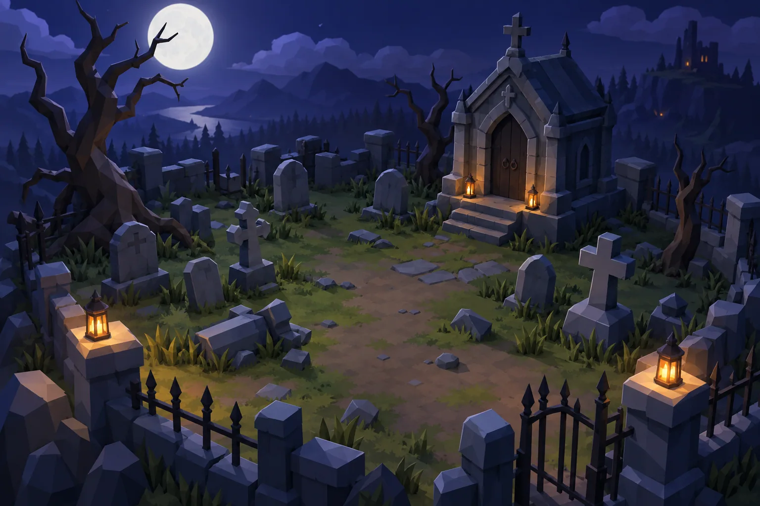 Key art: a small night graveyard arena with a crypt, gravestones, iron fences, dead trees and lanterns under a full moon, in stylized low-poly