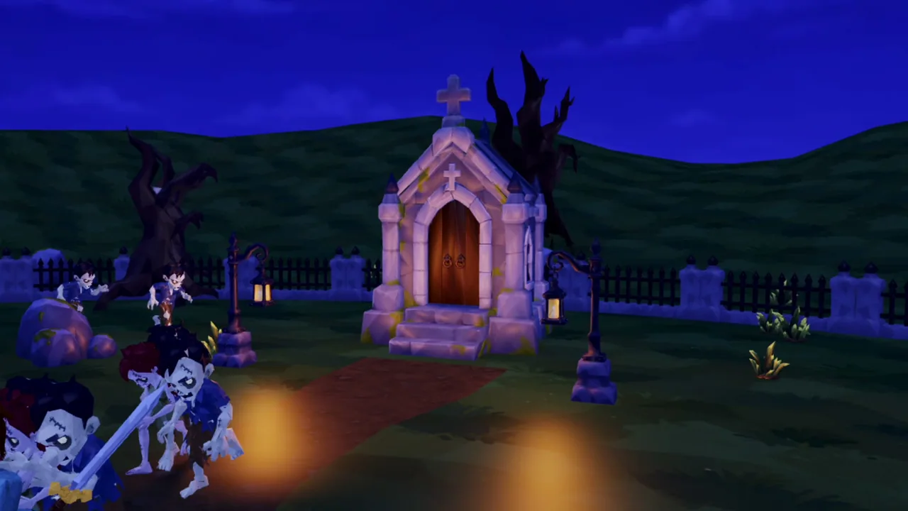 The crypt in the game at night, lanterns glowing along the path