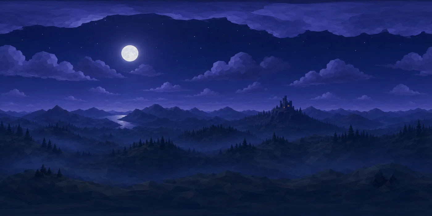 The 360 night sky panorama: purple clouds, dark hills and a full moon