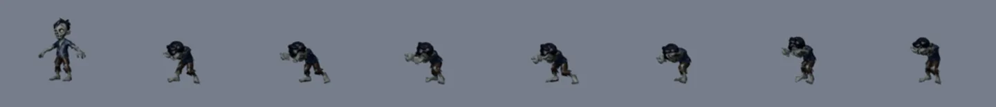 Eight frames of the Cartwheel walk: hunched low over the ground