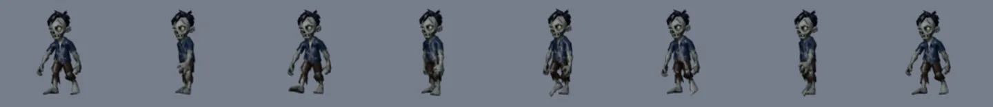 Eight frames of the monster walk: the body turns sideways