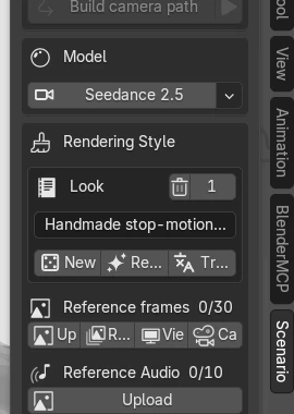 Close-up of the Scenario panel: Model set to Seedance 2.5, a Look named Handmade stop-motion, and reference frame and audio slots