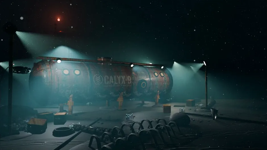 Final render of shot 1: the rusted station under teal floodlights in murky water