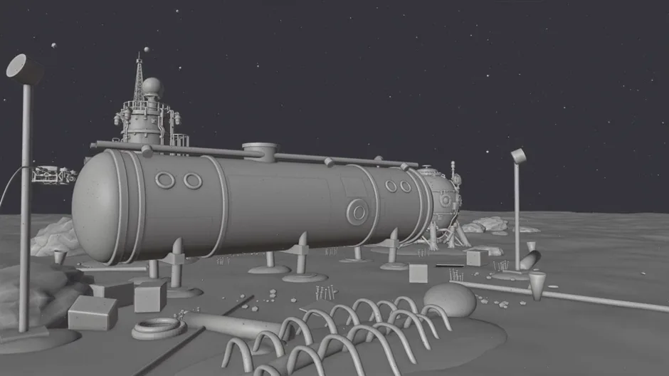 The same shot in grey clay: station, tower, lamp posts, crates and whale ribs on a flat seabed