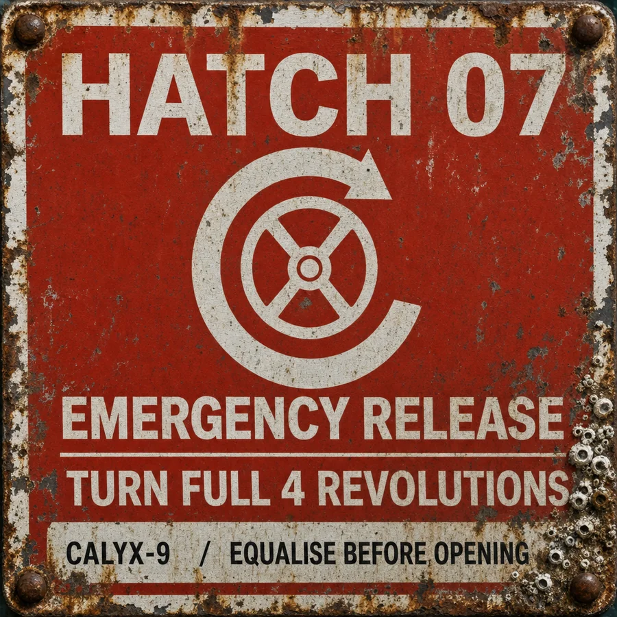 Red plate reading Hatch 07, Emergency Release