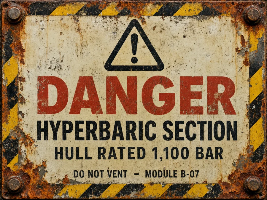 Plate reading Danger, Hyperbaric Section, Hull rated 1,100 bar