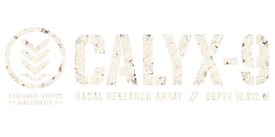 Stencil reading CALYX-9, Hadal Research Array, Depth 10,912 m, with a chevron emblem