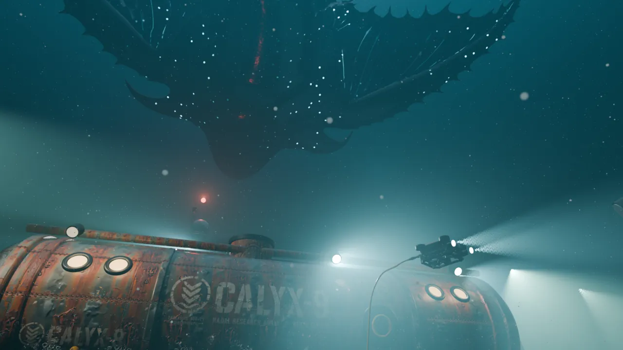 Final frame of shot 3: the creature reads as a dark silhouette against a brighter glow from above, dotted with photophores