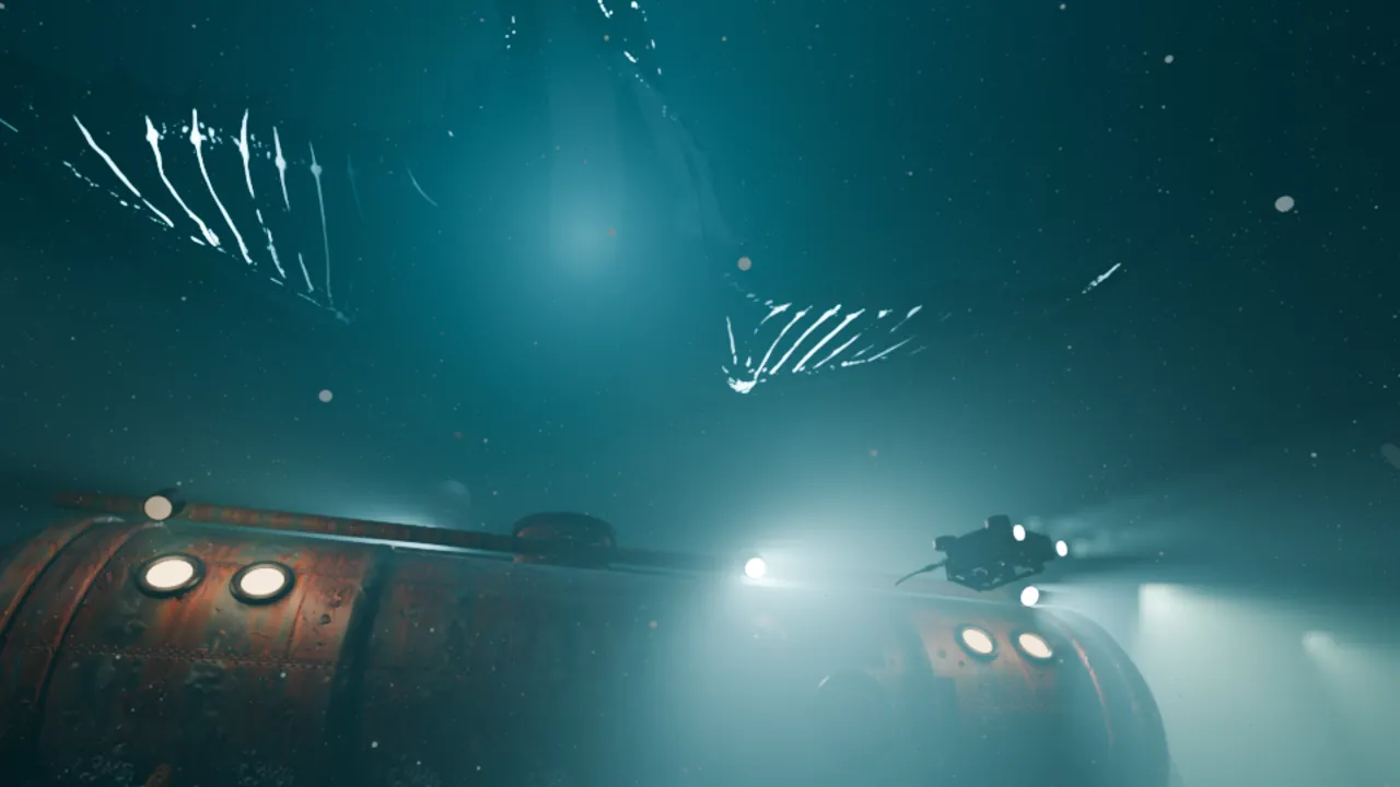 Test render of shot 3: the creature's wing ribs glow as bright white streaks and the water is flat