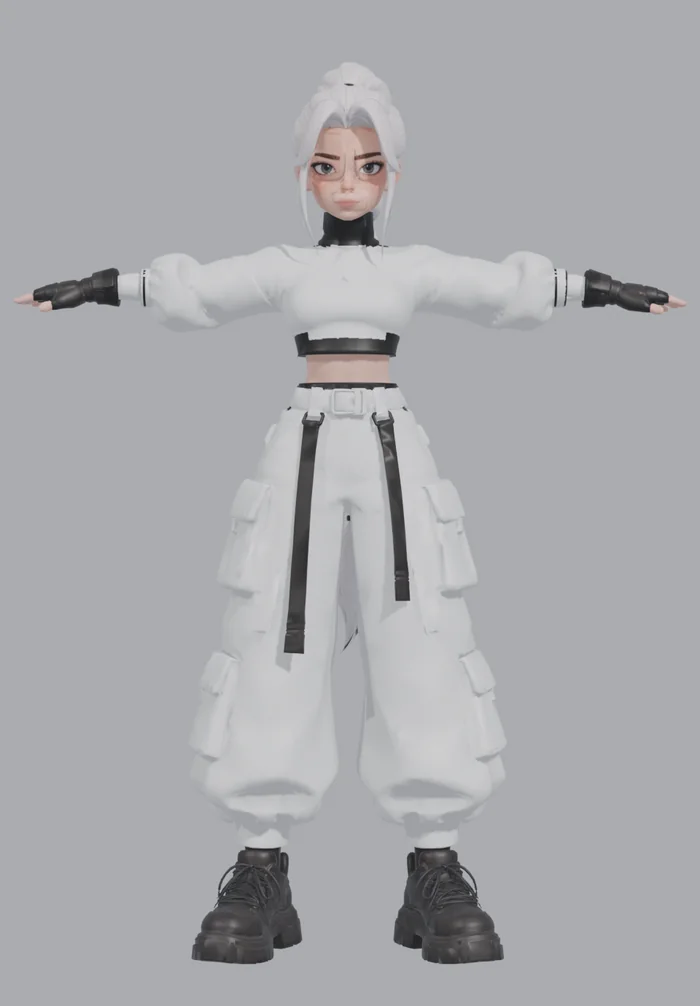Yuki in a T-pose: white cropped jacket, white cargo trousers, black boots and gloves, silver hair in a bun