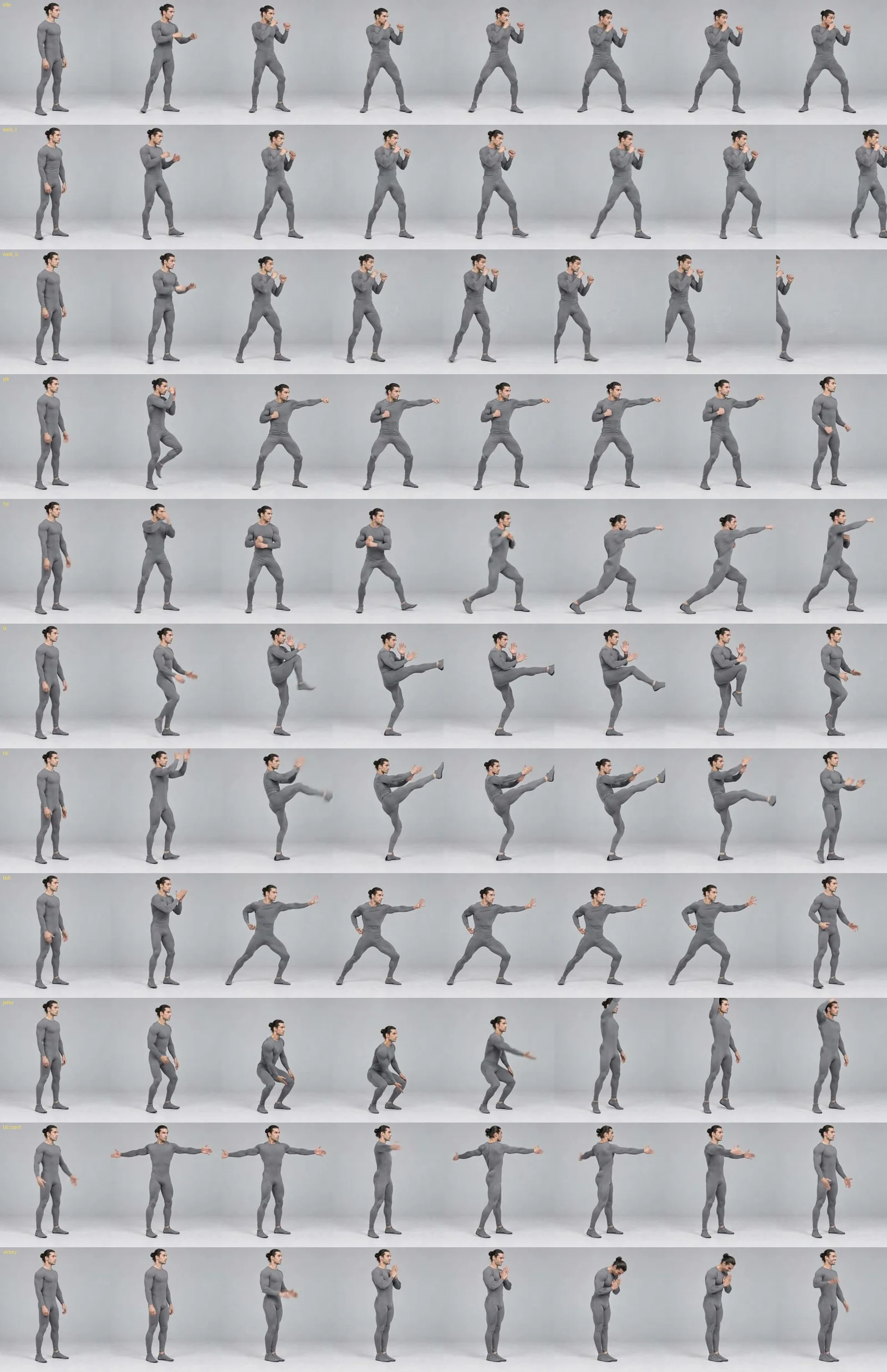 A contact sheet of eleven Kling takes: idle, walks, punches, kicks, three spell casts and a victory pose