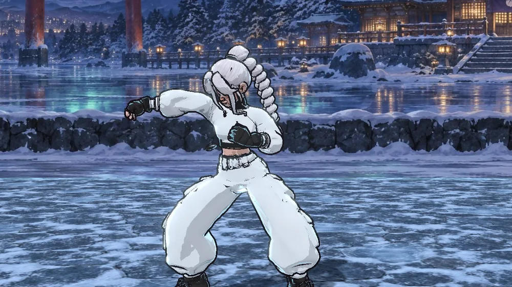 Yuki in a punch, her arm clear of her jacket, with the braid hanging behind her