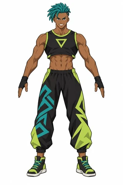 Kauã in a lime and teal capoeira outfit, mid-ginga