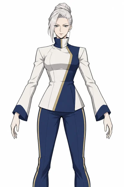 Lian in a white and navy martial arts outfit with gold trim