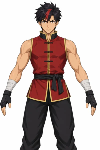Ren in a red vest and black trousers, standing in a karate guard