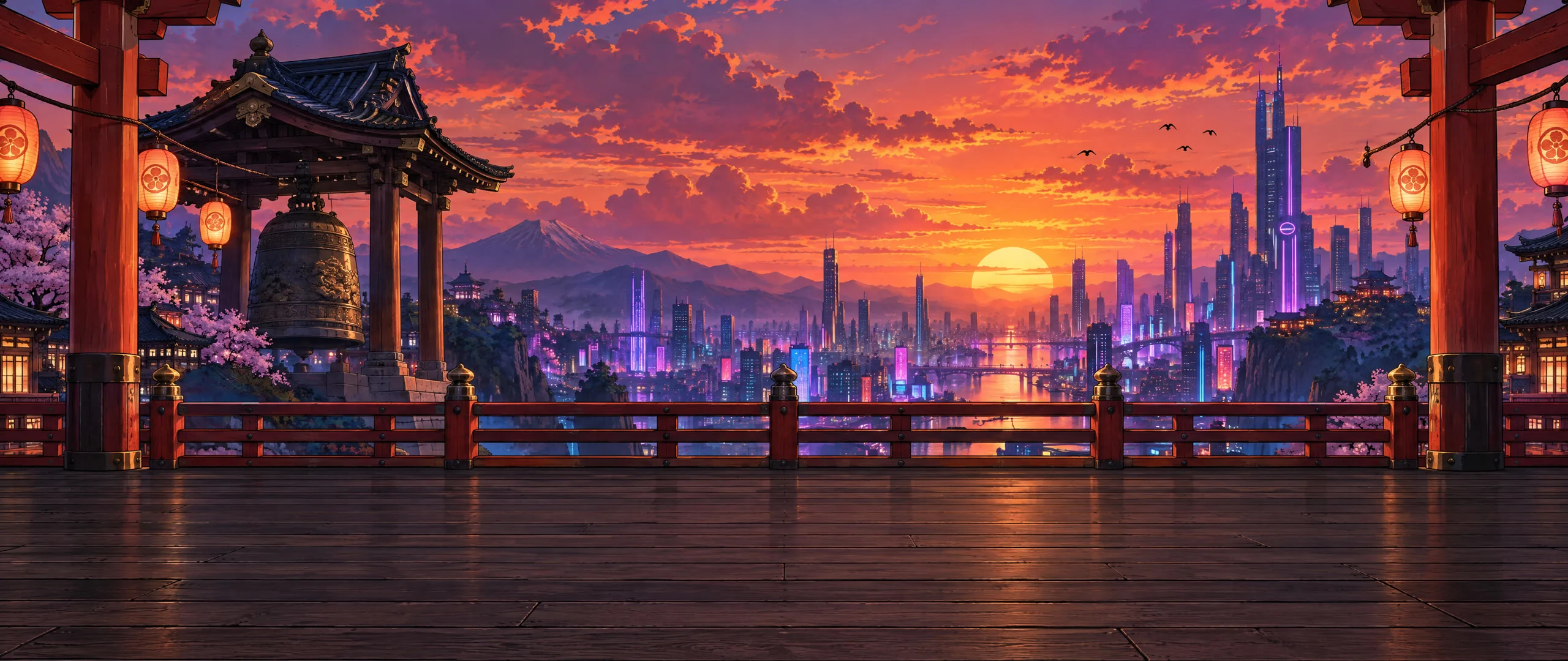 A rooftop dojo above a neon city at sunset