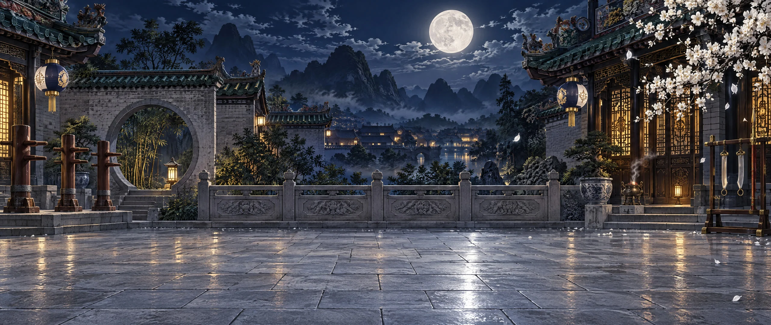 A moonlit kung fu hall courtyard in Foshan