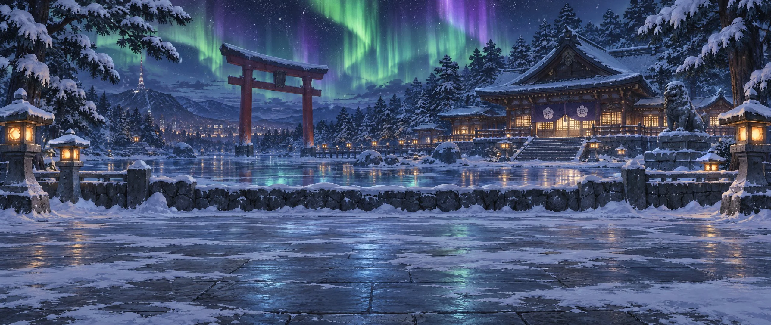 A snowy winter festival by a frozen pond in Sapporo