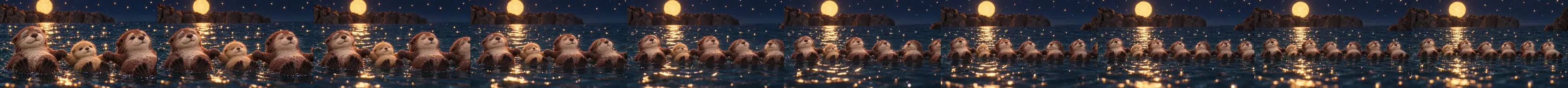 Ten frames of the pull-back shot, from three otters holding paws to the whole chain