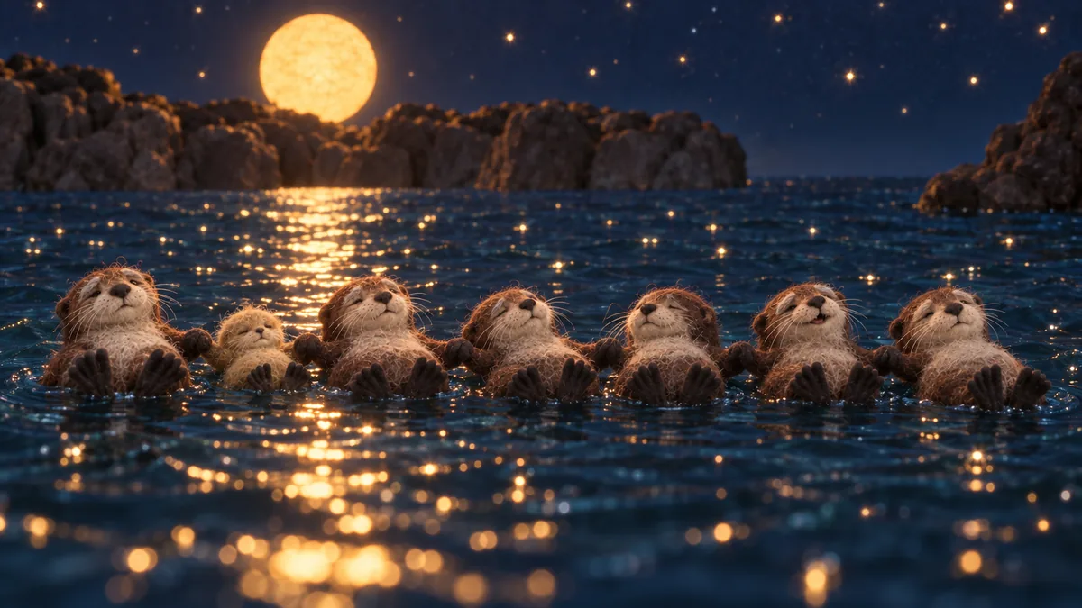 Final frame: seven felt otters holding paws under a paper moon