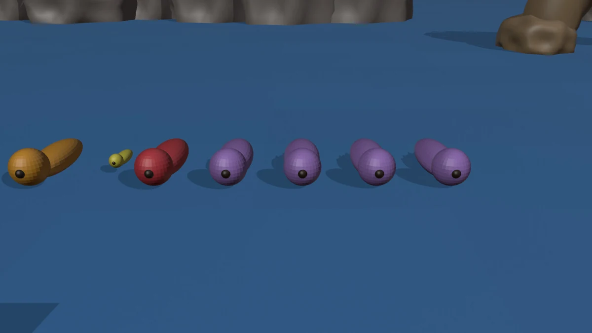 Blender layout of seven otter proxies floating in a line