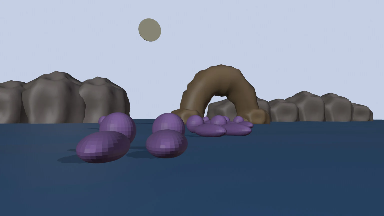 Blender layout: violet otter proxies, grey lumpy cliffs, a brown arch and a pale moon disc