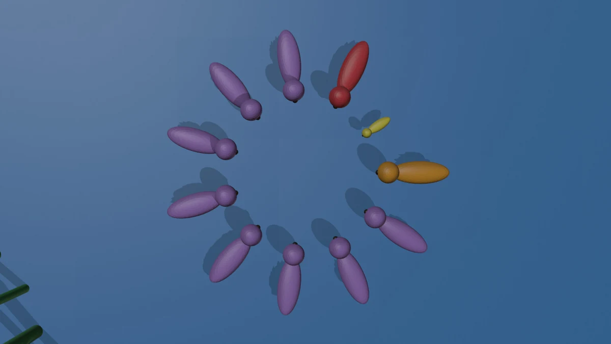 Top-down Blender layout of eleven otter proxies in a ring