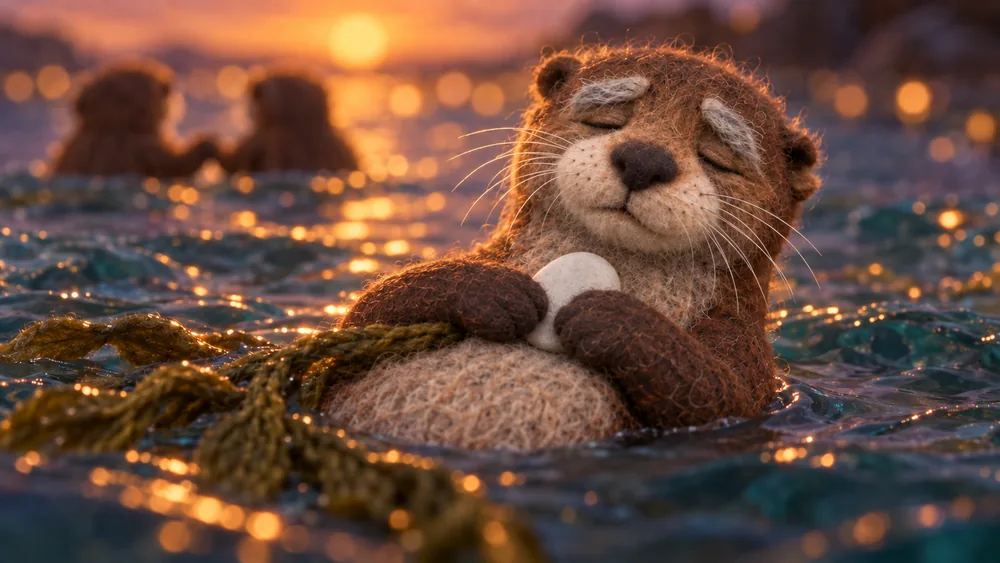 Last frame: he holds a white pebble to his chest, eyes closed