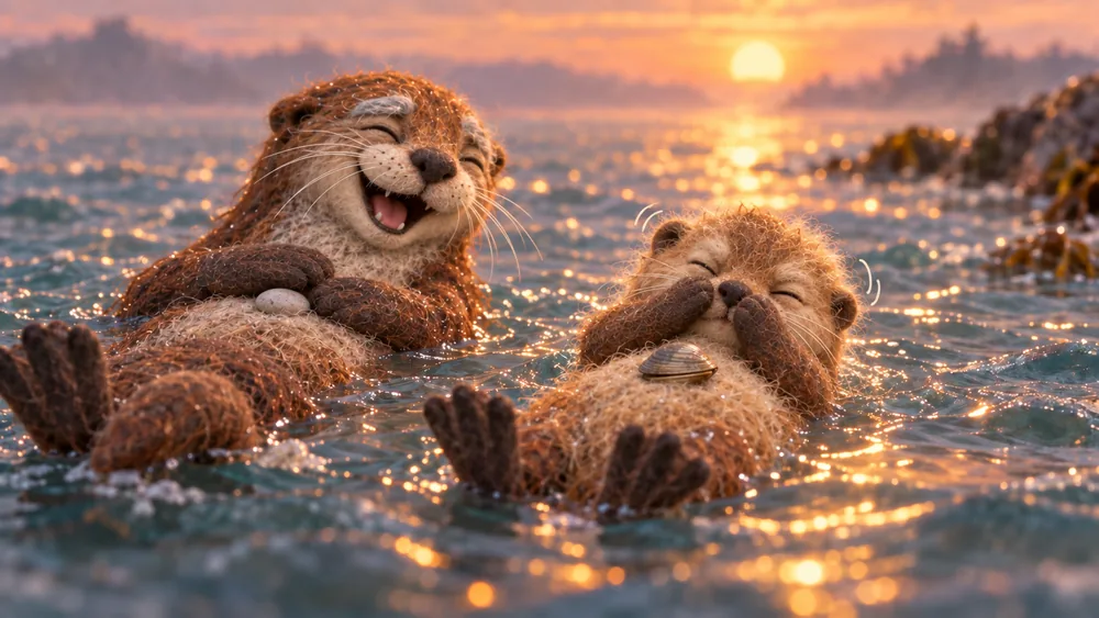 Last frame: the pup rubs its nose while the old otter laughs